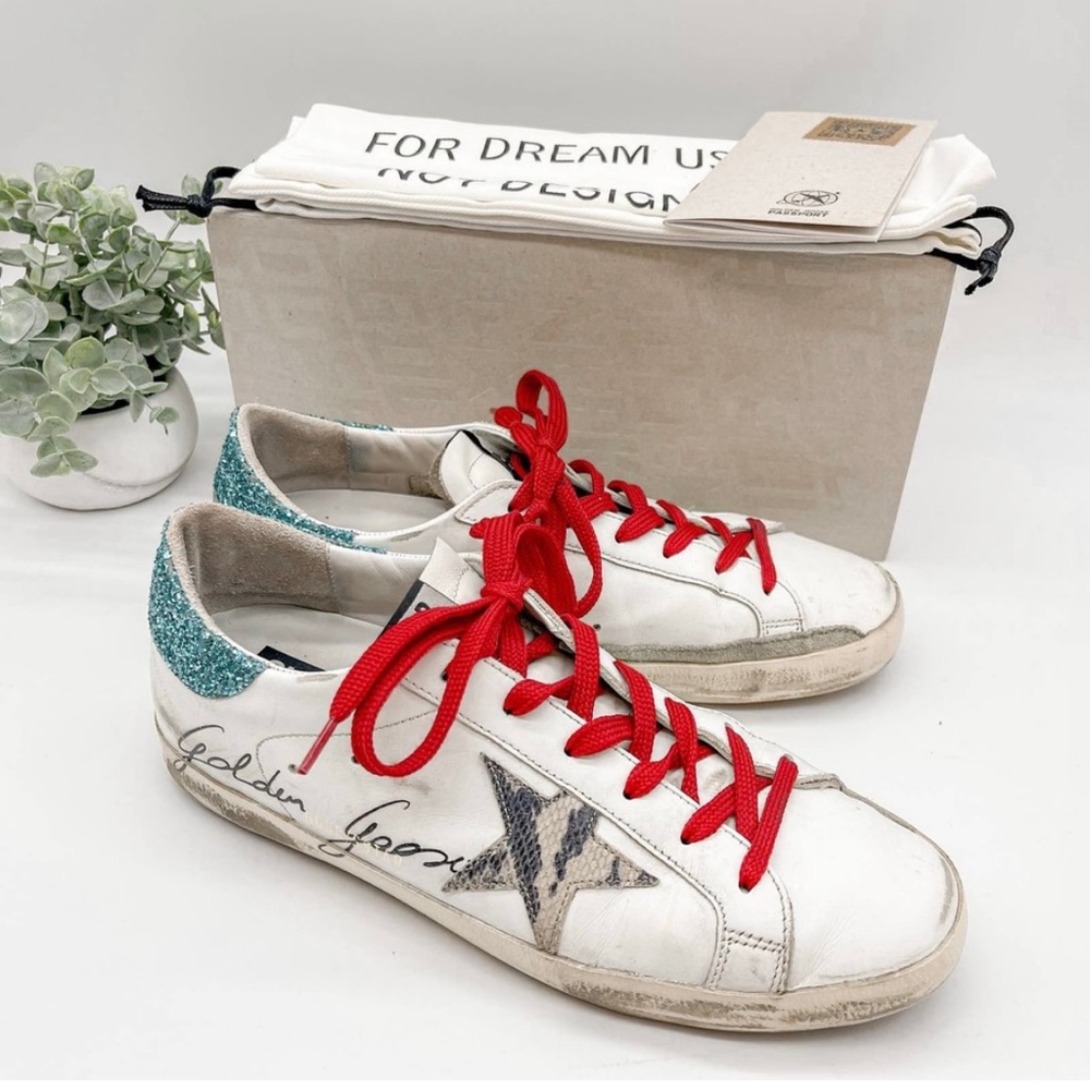 Golden Goose Shoes Sneakers Superstar White Snakeskin Blue Glitter 40, US 10